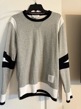 Thom Browne Gray Crewneck Sweater with Black and White Trim